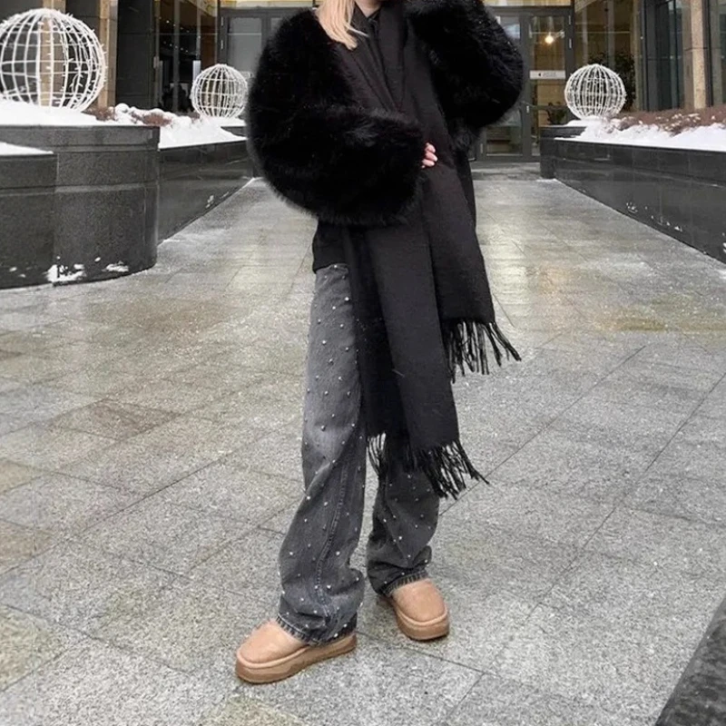 New Imitation Fur Jacket Soft Fur Collar Wide Sleeve Fashion Design Autumn and Winter Clothing