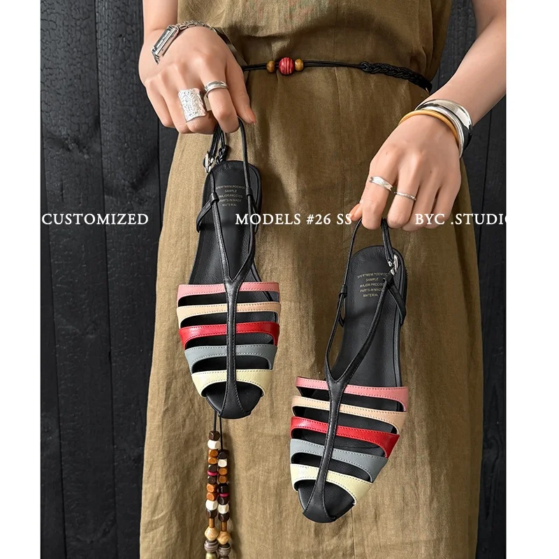 2026 new summer women sandals natural leather plus size 22-25.5cm cowhide+sheepskin pointed toe back-buckle women shoes fashion
