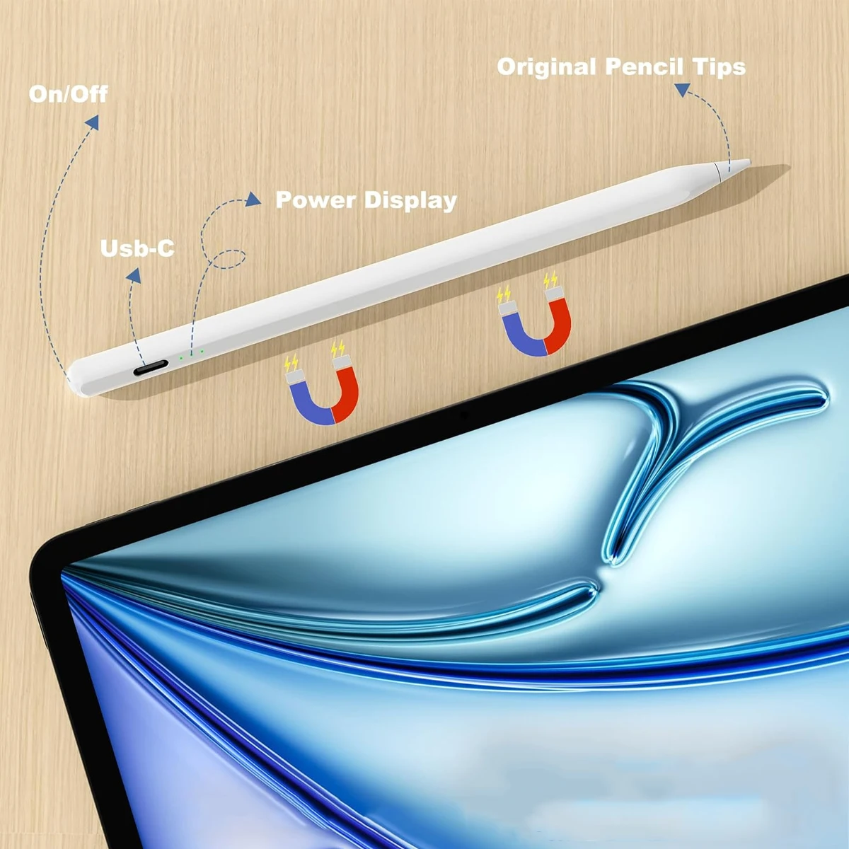 قلم رصاص لجهاز Apple iPad 2018-2025 لجهاز iPad 11/10/9/8/7th Gen، Pro 12.9/11/13 بوصة M4، Air 3/4/5/M2/M3، Mini 5/6th، أبيض