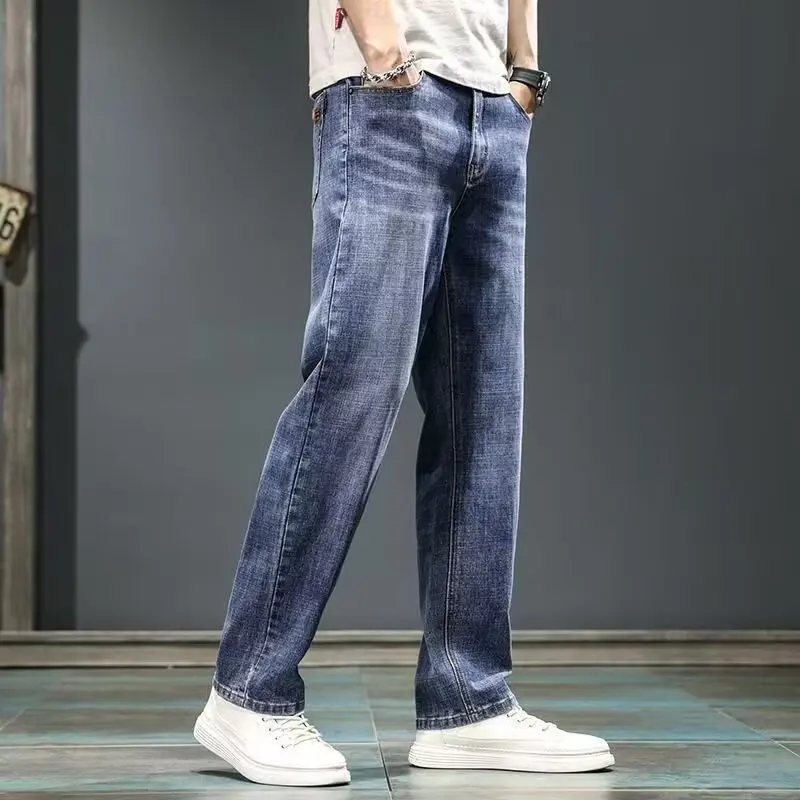 Men's lightweight loose-fit wide-leg jeans with thick legs, slim-fit, large sizes, breathable, comfortable, high-end, and long p