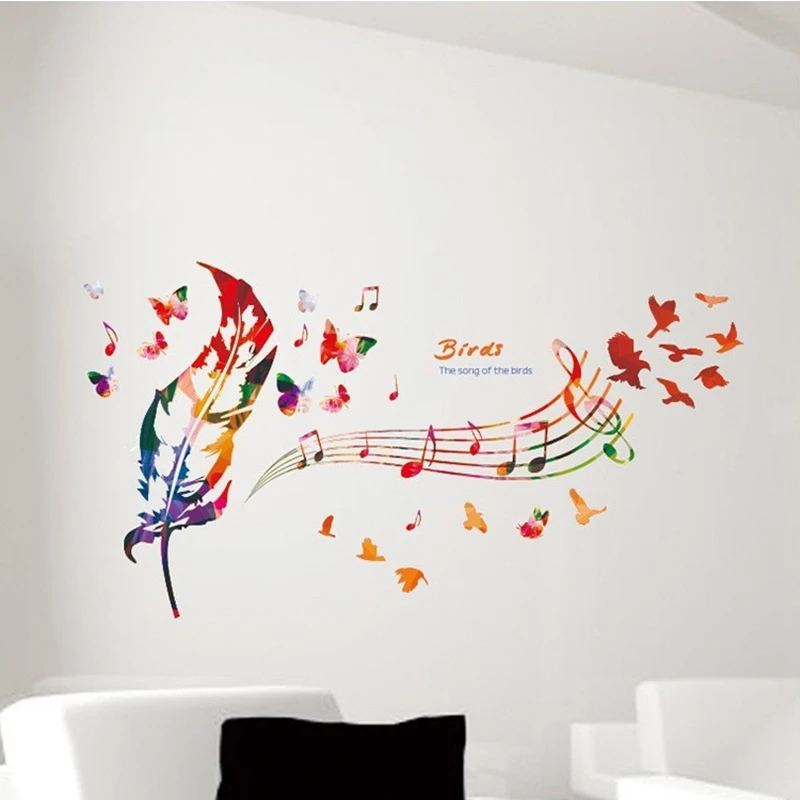 Feather Musical Note Vinyl Wall Stickers for Living Room Kids Bedroom Home Decoration Cartoon Butterfly Bird Romantic Wallpaper