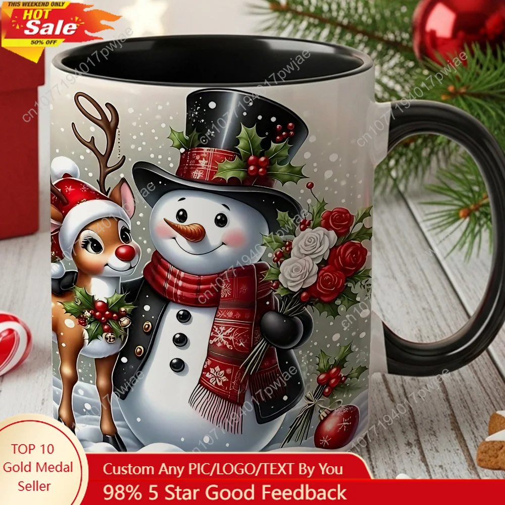 

1pc Christmas Snowman Reindeer Coffee Mug - Winter Holiday Cup with Snowman Red Scarf Holly - Interior - Ideal Christmas Gi