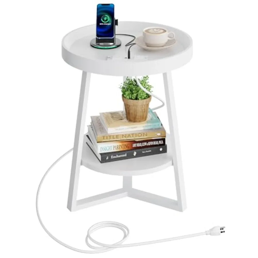 

Round End Table with Charging Station Small Round Coffee Table 2 Tier Side Table for Living Room/Bedroom Sofa Couch Wood Tablet