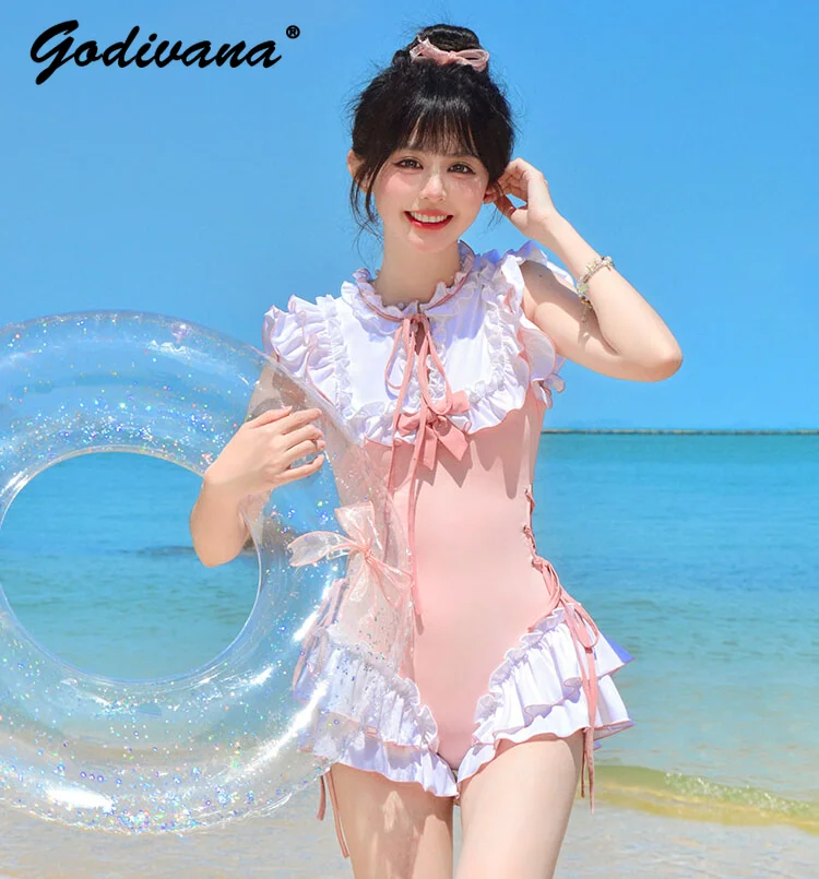 2024 New Summer Sweet Girl Women's Bow Ruffle One-Piece Swimsuit Lolita Holiday Beach Wear Slim Female Swimwear