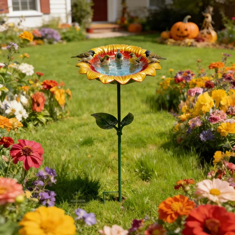 Bird drinking Station Metal Sunflower Water Feeder Standing Bird Bath Decorative Bowl For Hummingbird Finch Chickadee Bee