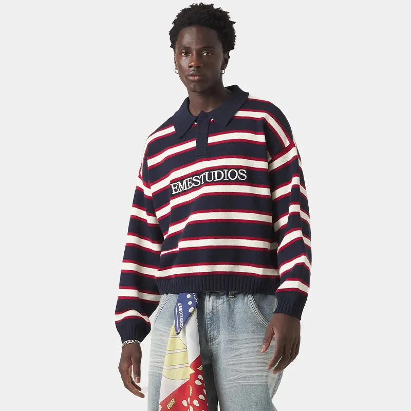 Eme Studios بولو متماسكة سترة للجنسين القطن سميكة البلوز الخريف الشتاء الرجال النساء معطف فضفاض كم طويل تريكو شريط القمم #5