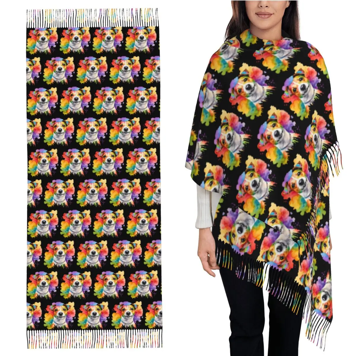 Jack Russell Terrier Watercolor Portrait Scarf Tassel Scarves for Women Soft Warm Shawls and Wraps Long Fall Winter Shawl Wrap