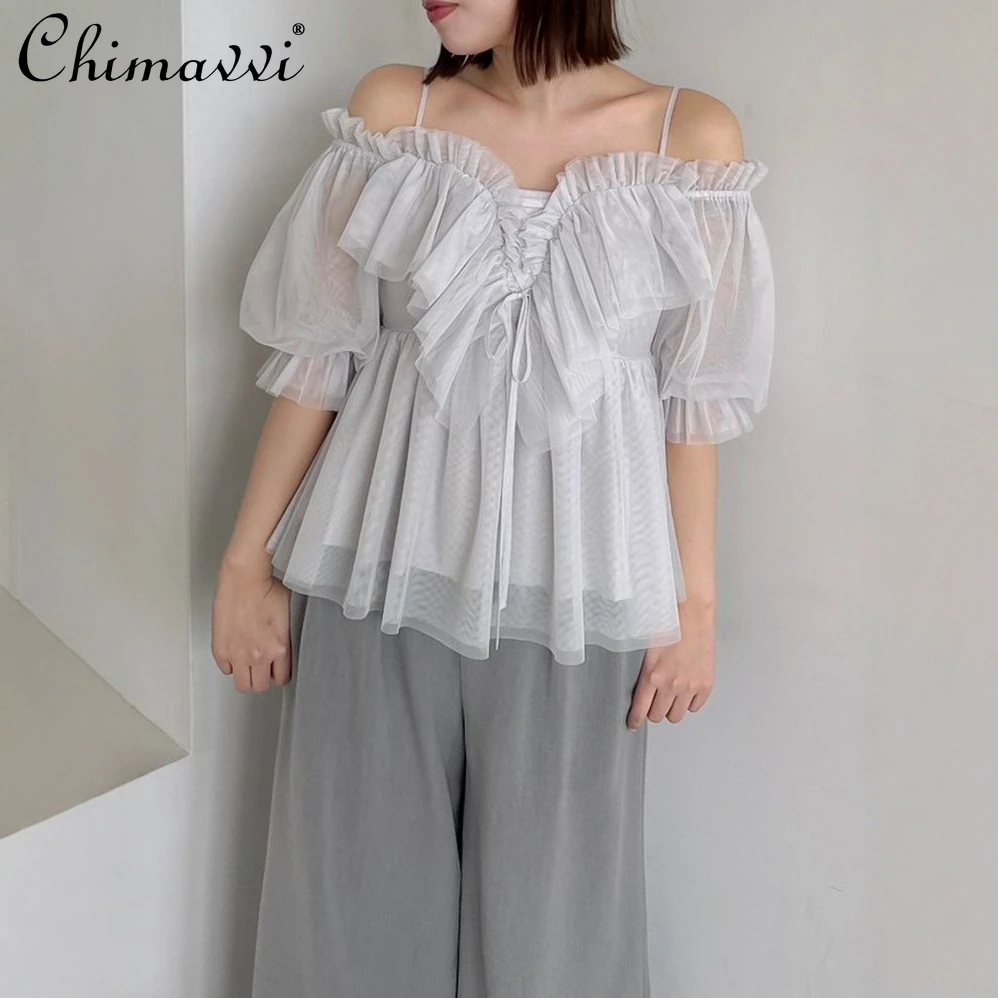 일본 스타일 체스트 3D 러플 엣지 오프숄더 랜턴 슬리브 블라우스 2025 신상 페어리 스위트 메쉬 슬림 핏 우아한 여성 블라우스