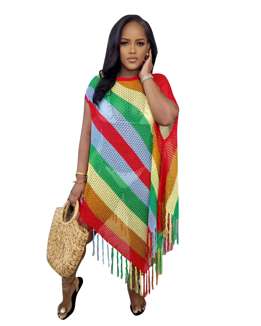 

Summer Holidays Beach Dress Rainbow Stripes Loose Tassels Asymmetrical Style Casual Party Dresses 2024 New