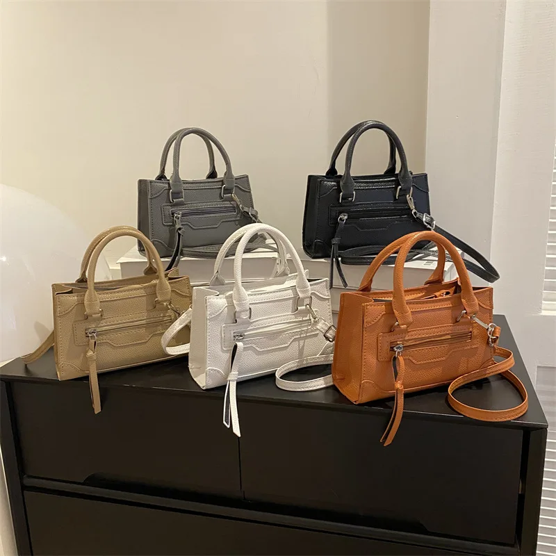 Retro Texture Bag For Women New Fashion One Shoulder Crossbody Bag Hong Kong Style Solid Color Small Square Bag Splice Handbag