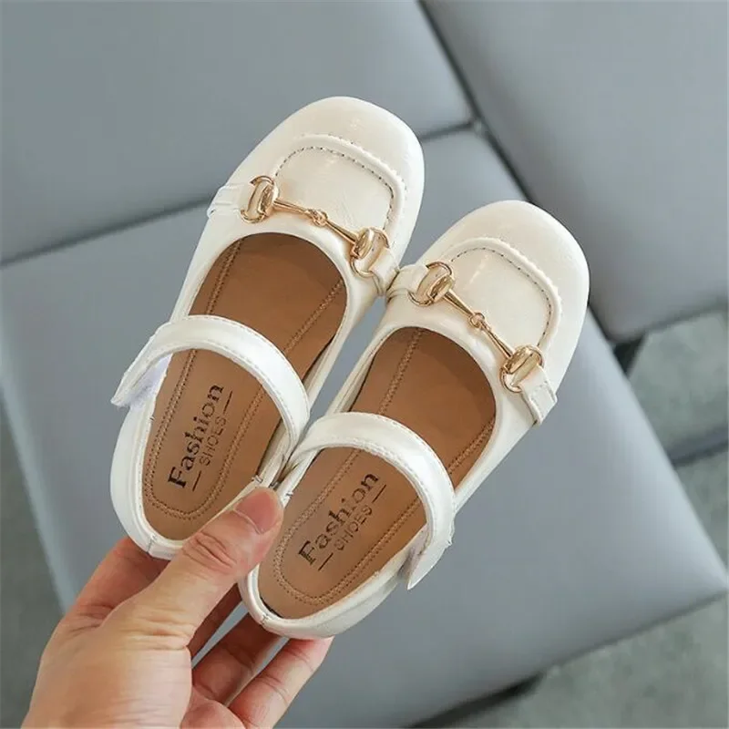 Kids Soft Bottom Bean Shoes for Girls White Square Toe Anti-Slippery Princess Shoes Children Hook&Loop Rubber Sole Leather Shoes