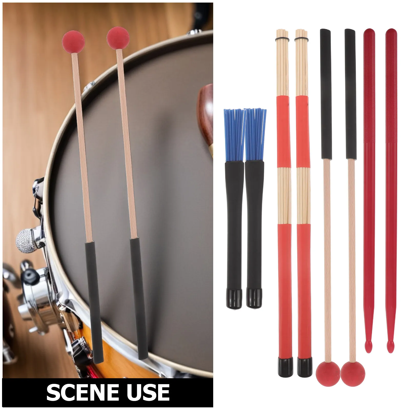 Drum Accessory Kit Black Drumstick Bag Wood Grain Brushes Red Anti Slip Mallets Nylon Brushes Versatile Percussion Set