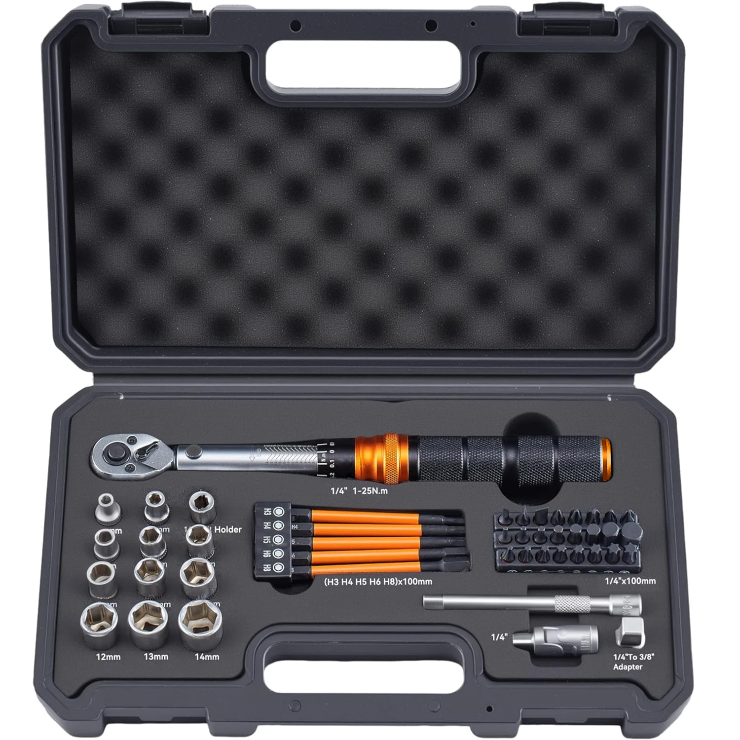 Waxtron Fiets Momentsleutelset 1/4'' Aandrijving 1-25Nm 45PCS Fietsreparatieset ±3% Nauwkeurigheid Momentsleutel Voor Fietsgereedschap