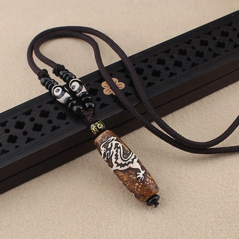 

DIY accessories Live Internet celebrity ethnic style Xizang agate dzi beads Chinese dragon pendant necklace men's sweater chain