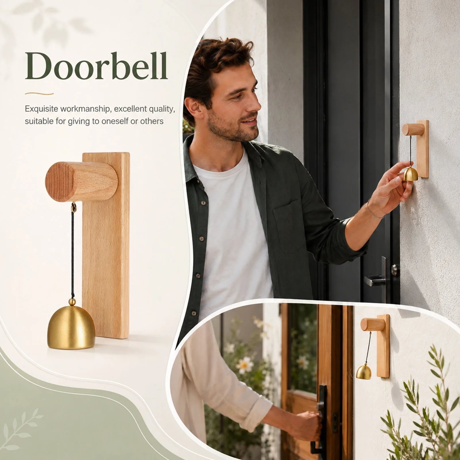 Retro Wooden Doorbell with Brass Bell for Store Entrance, Shopkeepers Bell for Door Opening, Dog Door Bell, Bells for Door