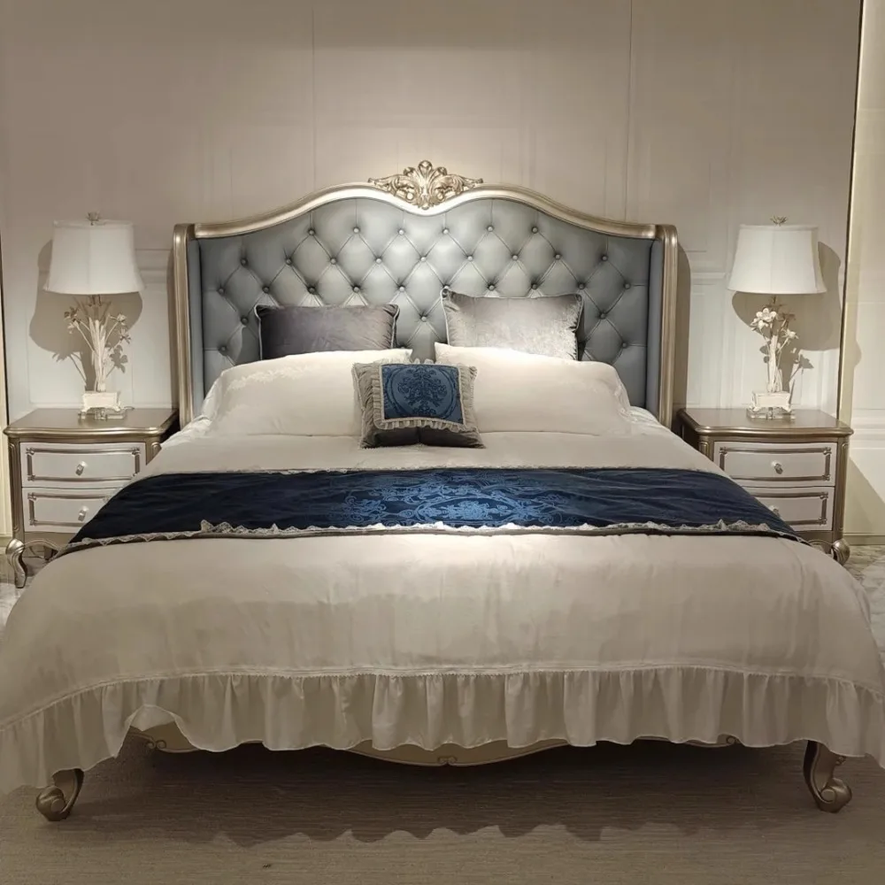 

Solid wood bed Modern soft bag buckle bed Master bedroom simple carved leather art bed leather art