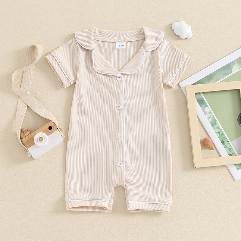 Baby Summer Romper Newborn Boys Solid Short Sleeve Turn-down Collar Button Jumpsuits Overalls Clothes  0-18M