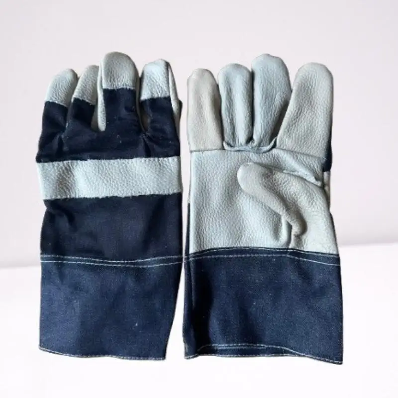 1 Pair Welding Gloves Cowhide Palm Flame Retardant Denim Back Heat Resistant For Welder Heavy Duty Work Safety Gloves Anti Spark