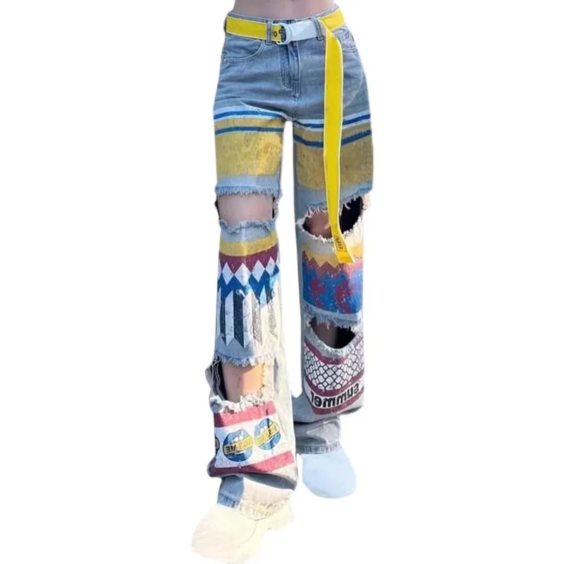 Breathable Contrasting Graffiti Jeans Women's New Hollowed Out Holes Fashion Personalized Wide Leg Pants Singer Dance Stage Wear