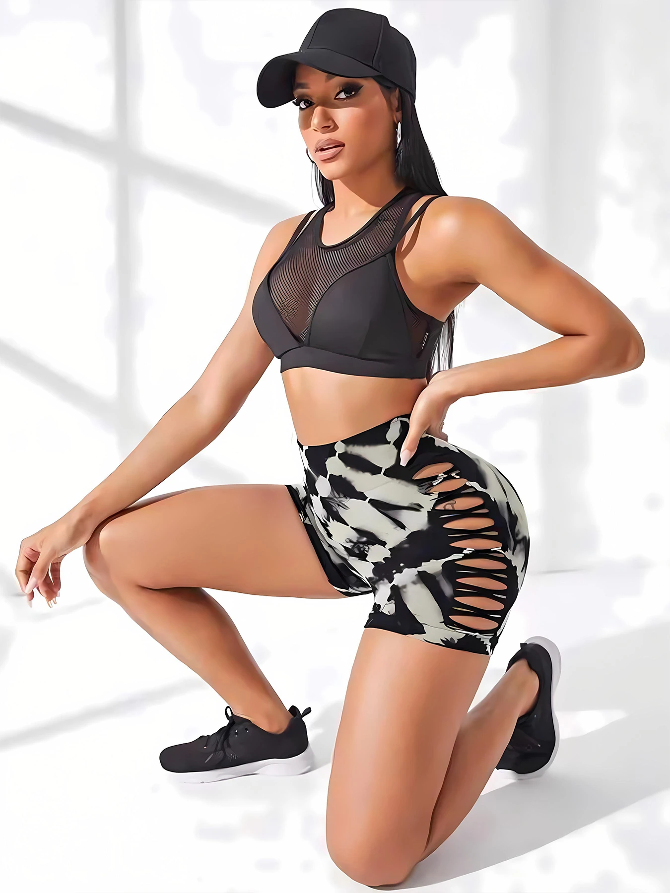 Women's Tie-Dye High-Waisted Yoga Shorts - Mid-Thigh, Side Cutouts, Butt-Lifting, Tummy-Control, Mesh Breathable for Fitness