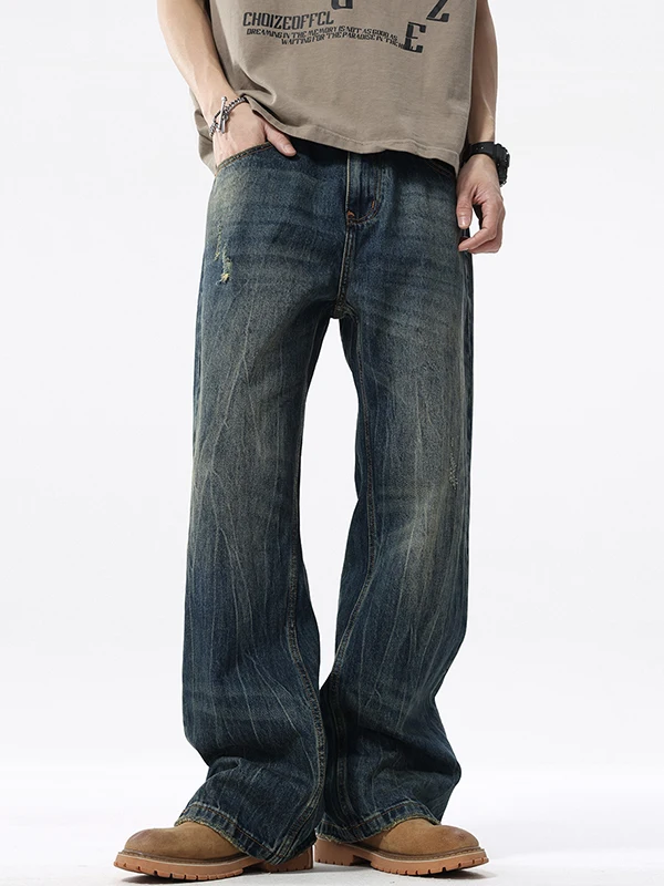 

Street Sle Men's Jeans Loose Straight Leg Denim Pants Thunder Water Pattern Worn out Design Casual Youth Faion