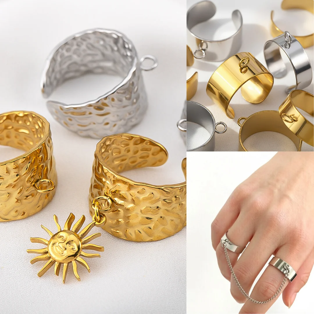 

2pcs Hammered Embossed Wide Rings Adjustable Open Ring Bases With Loops for DIY Finger Ring Jewelry Making Accessories
