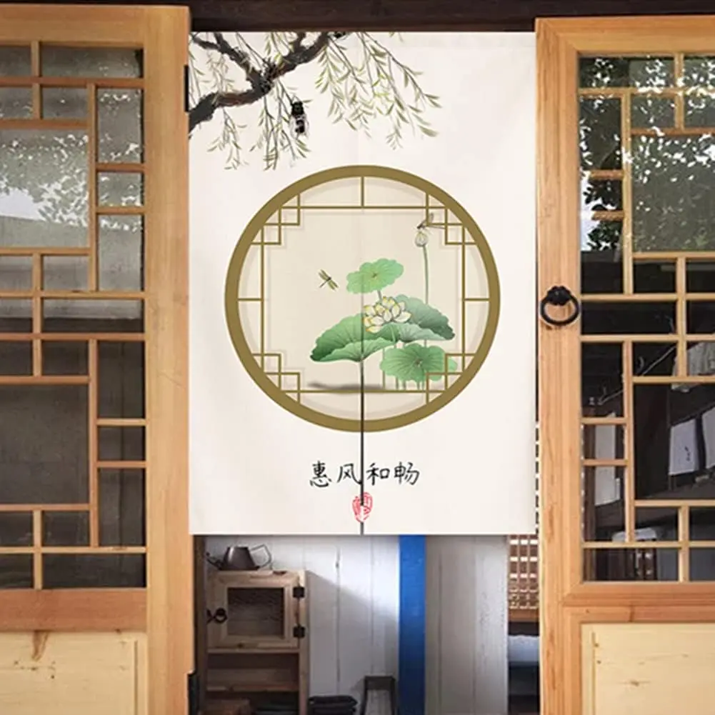 Elegant Round Window View Noren Curtain, Traditional Chinese Window & Lotus Pattern, Waterproof Washable Japanese Style Curtain