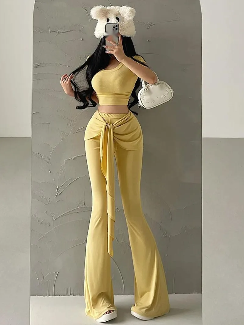 

Waist Fake High Two Piece Lace Up Casual Pants Floor Pants Trendy Wide Leg Pants Bow Fashion Korea Women Trousers Q8JU