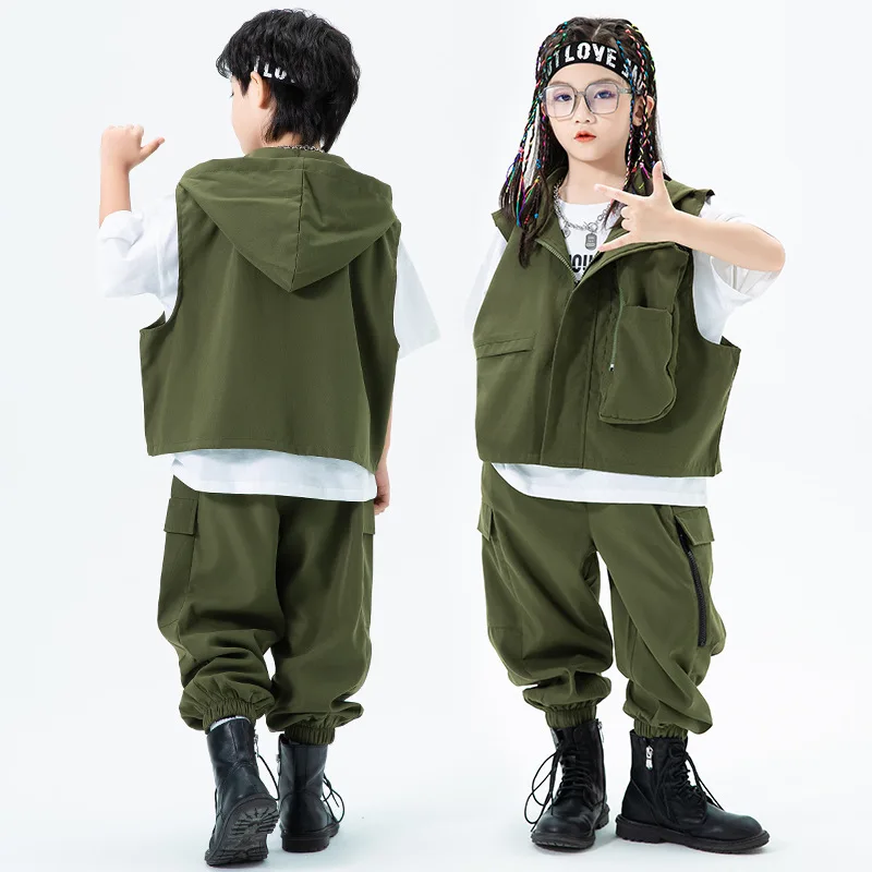 

Kid Hip Hop Clothing Sleeveless Jacket Hoodie Top Army Green Casual Street Jogger Cargo Pants for Girl Boy Dance Costume Clothes