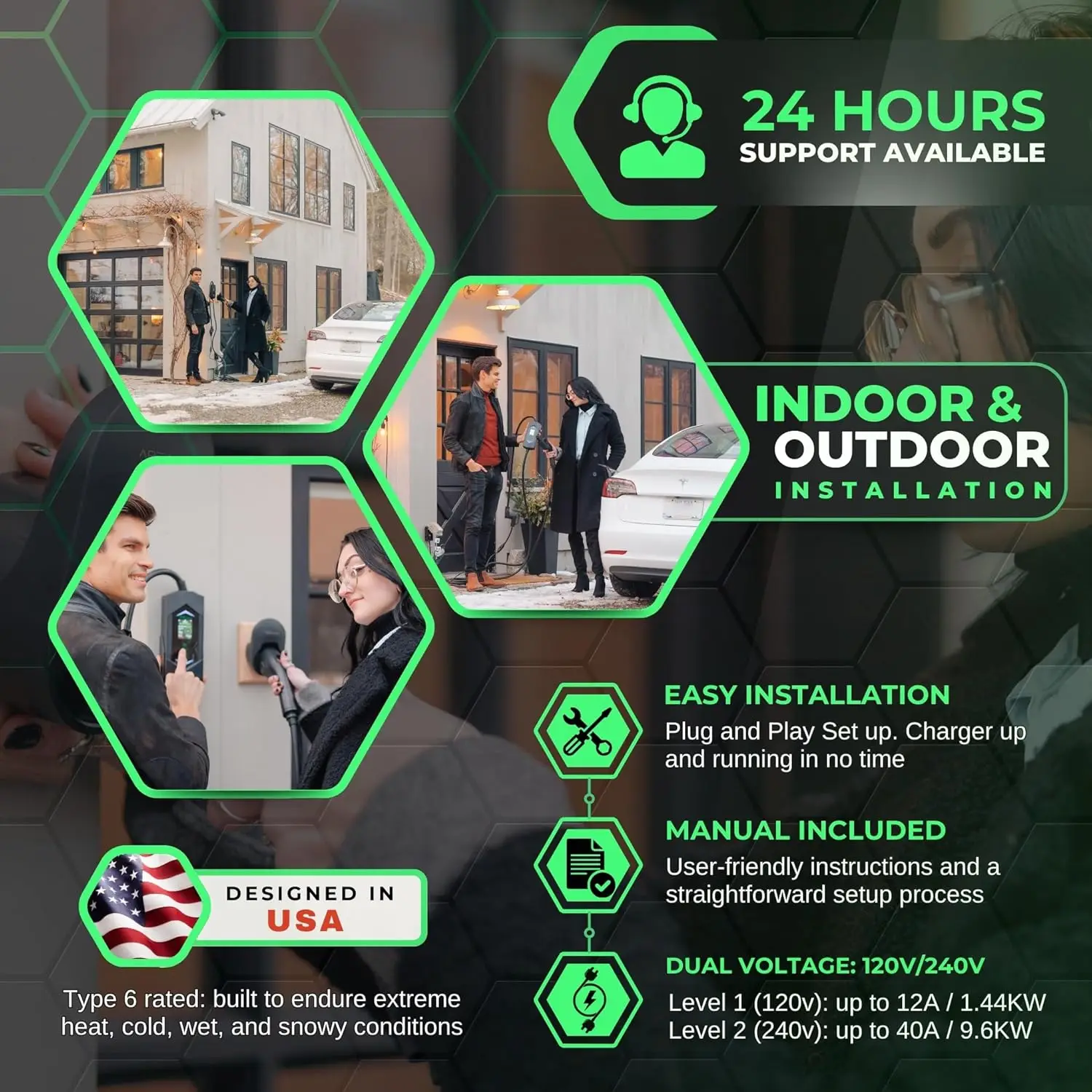 MACH 3 Fast 40A Level 1/2 EV Charger, 120-240V NEMA 14-50, SAE J1772 & NACS, 25ft Cable, Outdoor EVSE