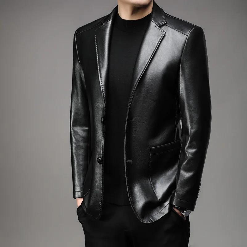 

Men's PU Leather Blazer Jacket Lapel Collar Button Down Business Casual Faux Leather Suit Coat for Office Daily Wear