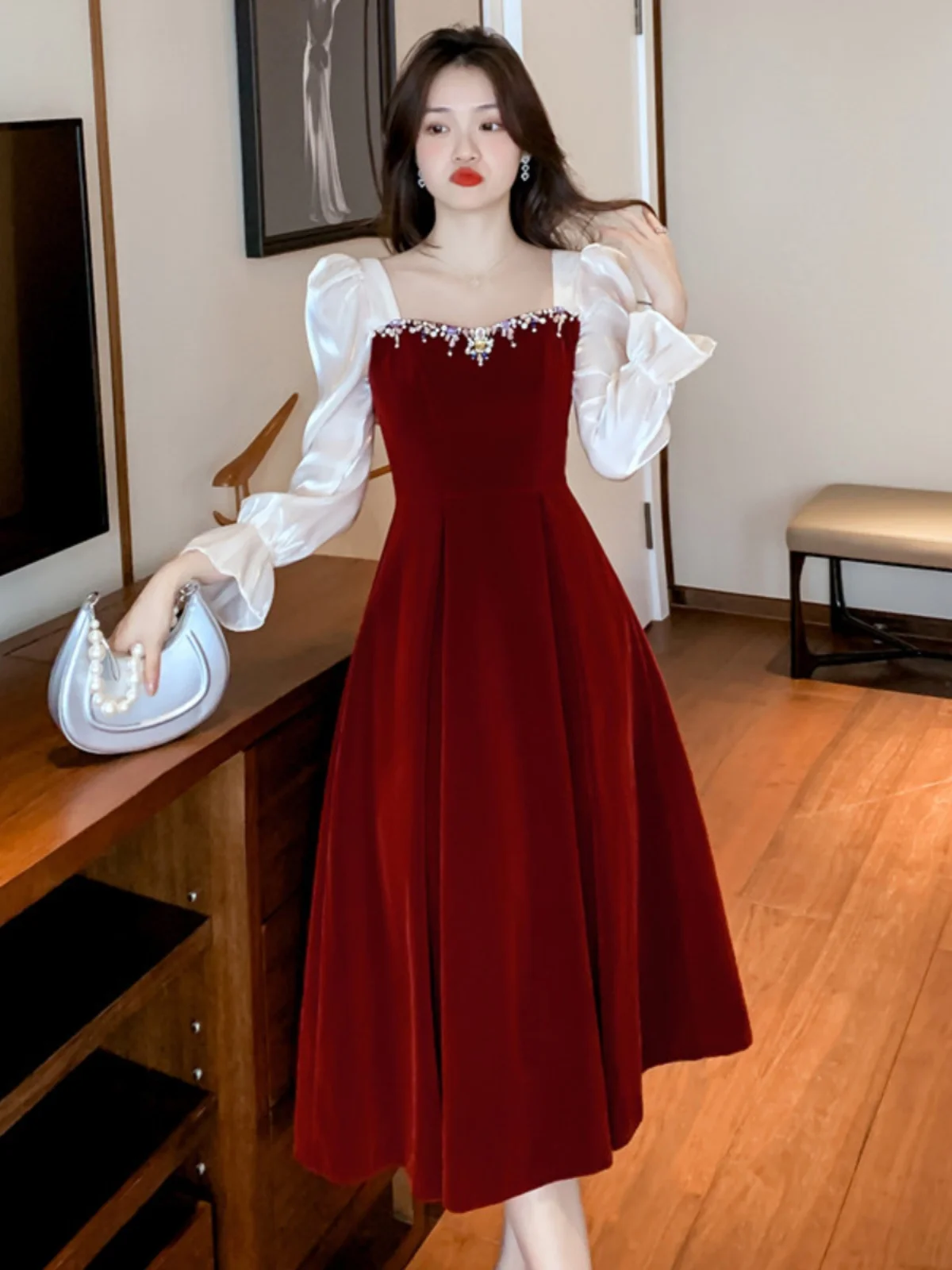 Vestido de lantejoula de cristal com colarinho quadrado francês, vestido formal, doce sopro manga longa, vinho tinto, vestido de noivado