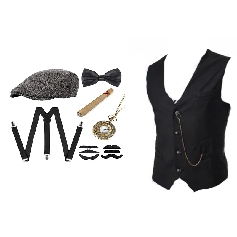 New 2025 's Gangster Costume And Accessories Set Steampunk WaistCoat Peaky Blinders Vest Pocket Watch 1920s Men Gatsby C X159