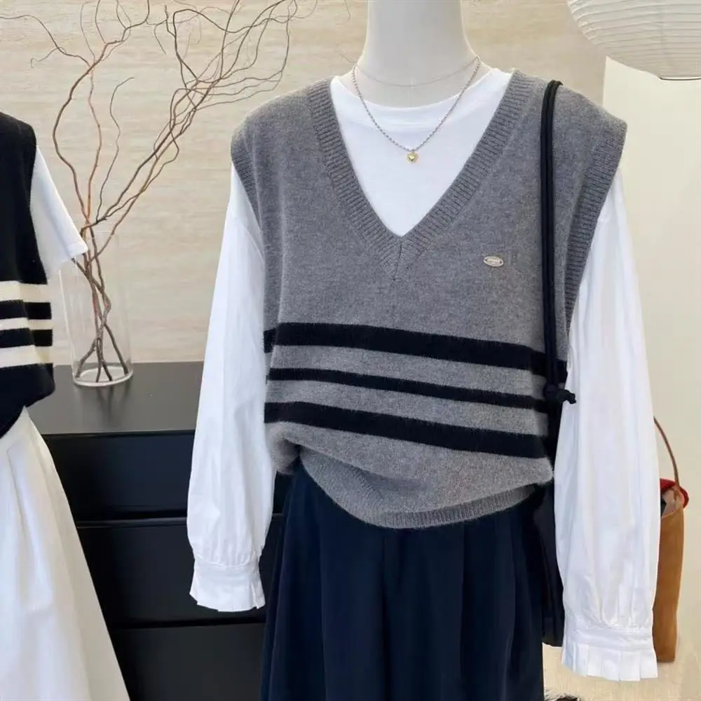 Gray Striped V-Neck Knitted Vest Women's Layering Sleeveless Innerwear Sweater Sweet Style Button Splice Daily Wear Loose Fit