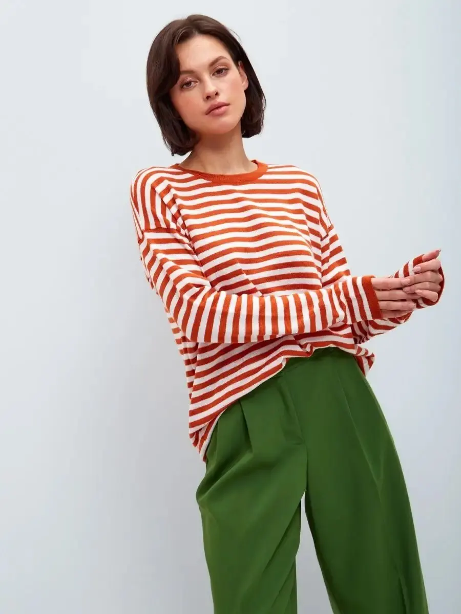 Women\'s Long Sleeve Basic Thin Shirt Tee Round Neck Stripe Shirt Loose Fit Casual Holiday Daily Wear Solid Orange Top T Shirt