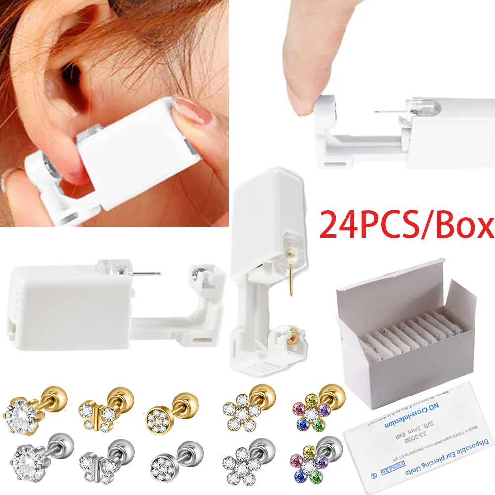 

24PCS Disposable Safety Ear Piercing Gun Unit Tool Ear Piercer Built In 316L Surgical Steel Ear Stud No Pain In Asepsis Packing