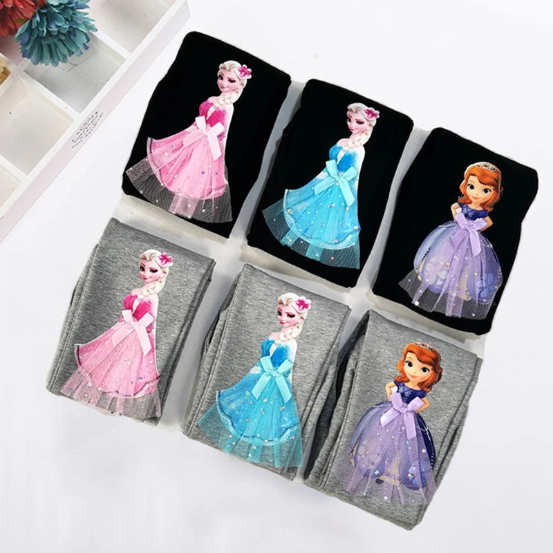 Cotton for Children Frozen Elsa Girls Pants Spring Autumn Baby Girl Pink Blue Trouser Ariel Lace Kids Legging  Sophia 2-8Y