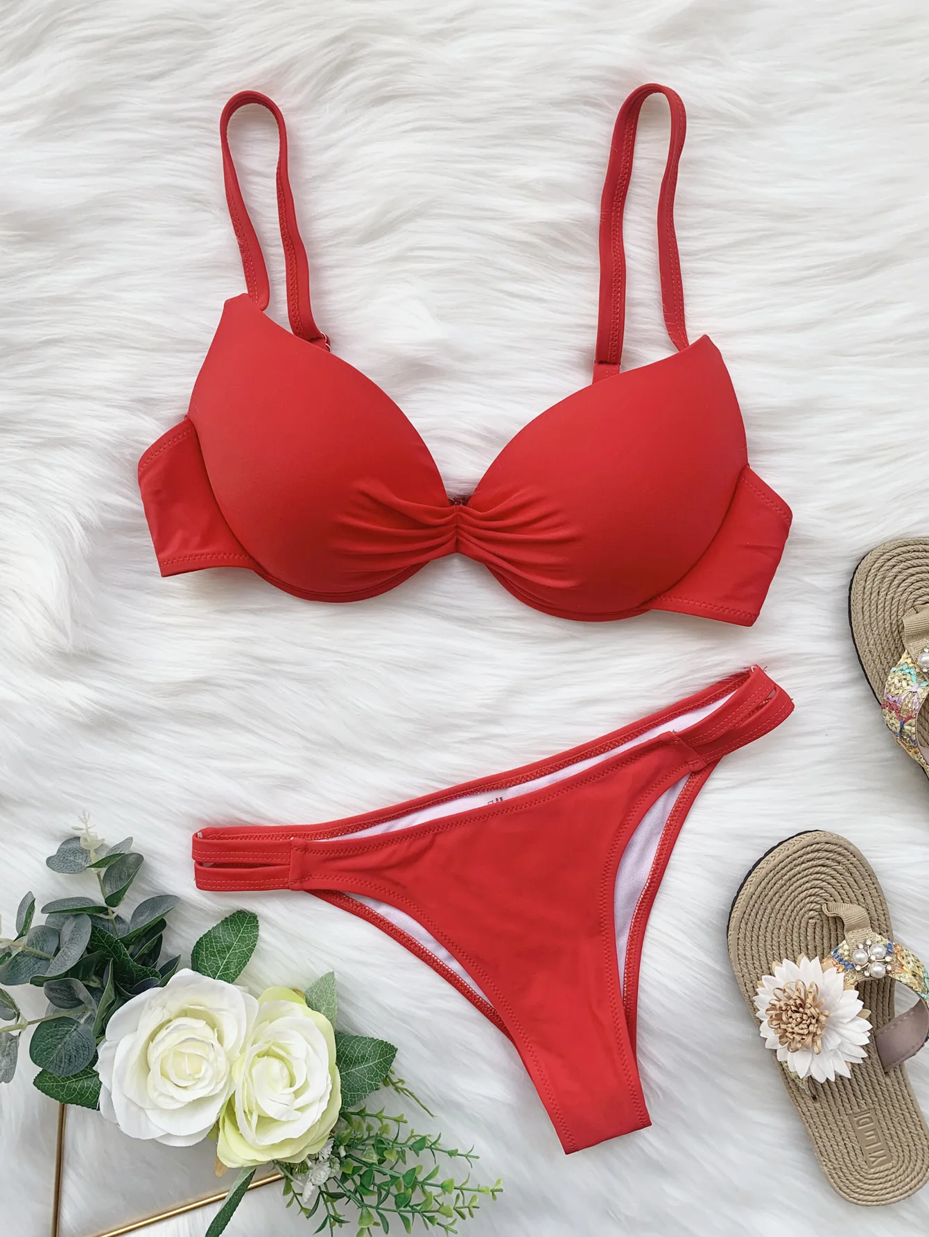 Set Bikini pakaian renang Push Up merah seksi pakaian renang Mujer 2024 baju renang potongan tinggi Ruched baju mandi Bikini Underwire Bikini Bathers