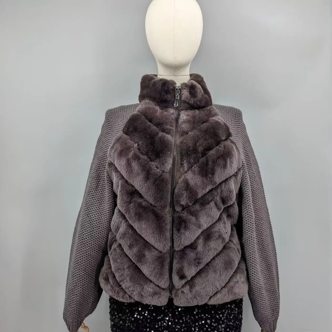 Women Brown Real Chinchilla Rex Rabbit Fur Knitted Sleeve Jacket Stand Collar Zip Up Winter Short Fur Coat Outerwear