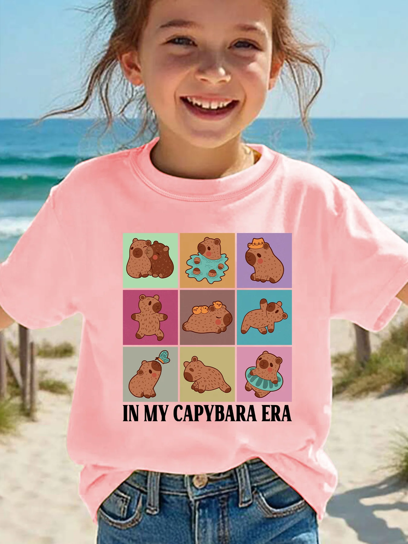 In My Capybara Era Cartoon Grid Animal Print Boys Girls Short Sleeve Tee Parent Match Soft Cotton Kids Summer Daily Casual Tees