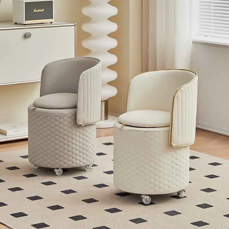 Leather Pulley Dressing Stool, Creative Makeup Bench, Folding Backrest Chair, Mobile Round Stool, Storage Stools, Home Furniture