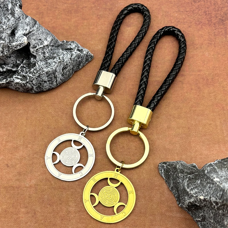 

Wicca Triple Moon Goddness Hekate Wheel Stainless Steel Key Chain Strophalos Hecate Magic Symbol Charm PIN Pu Leather Jewelry