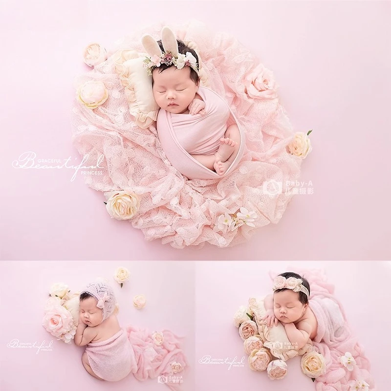 

Newborn Photography Accessories Pink Florals Headband Posing Pillow Wrap Bonnet Blanket Set for Studio Photoshoot Photo Props