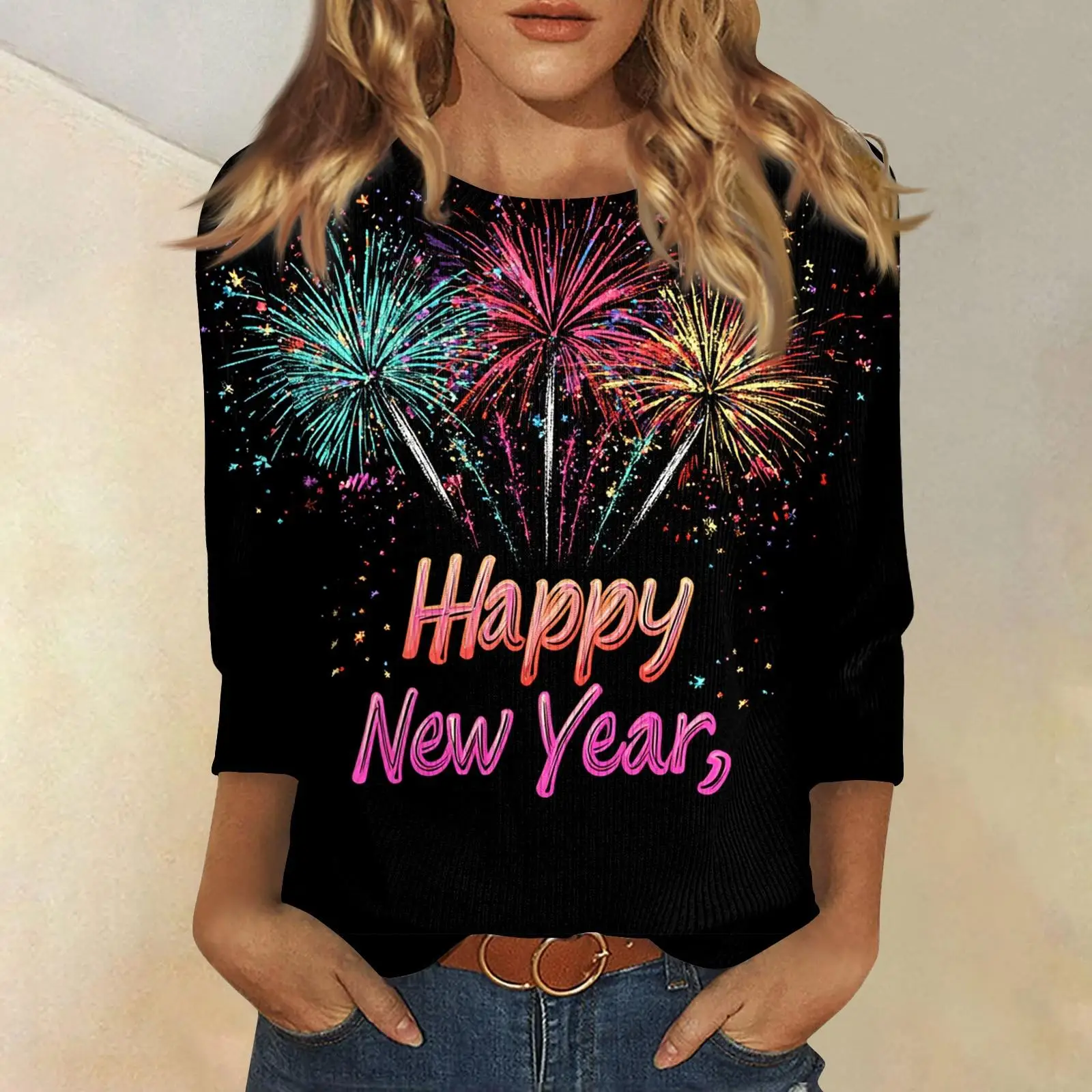 تي شيرت نسائي بطابع عيد الميلاد للعام الجديد مطبوع برقبة دائرية وأكمام طويلة، قميص فضفاض غير رسمي أبيض وأسود احتفالي #2