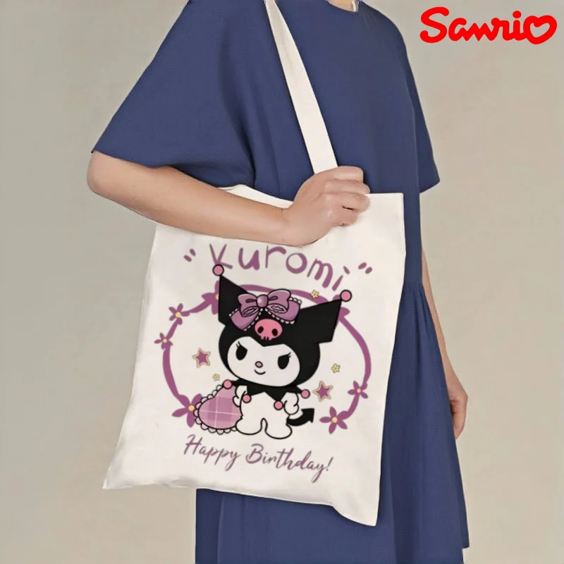 

1pc Sanrio Kuromi Happy Birthday Canvas Tote Bag, Floral Frame Print Casual Shoulder Bag