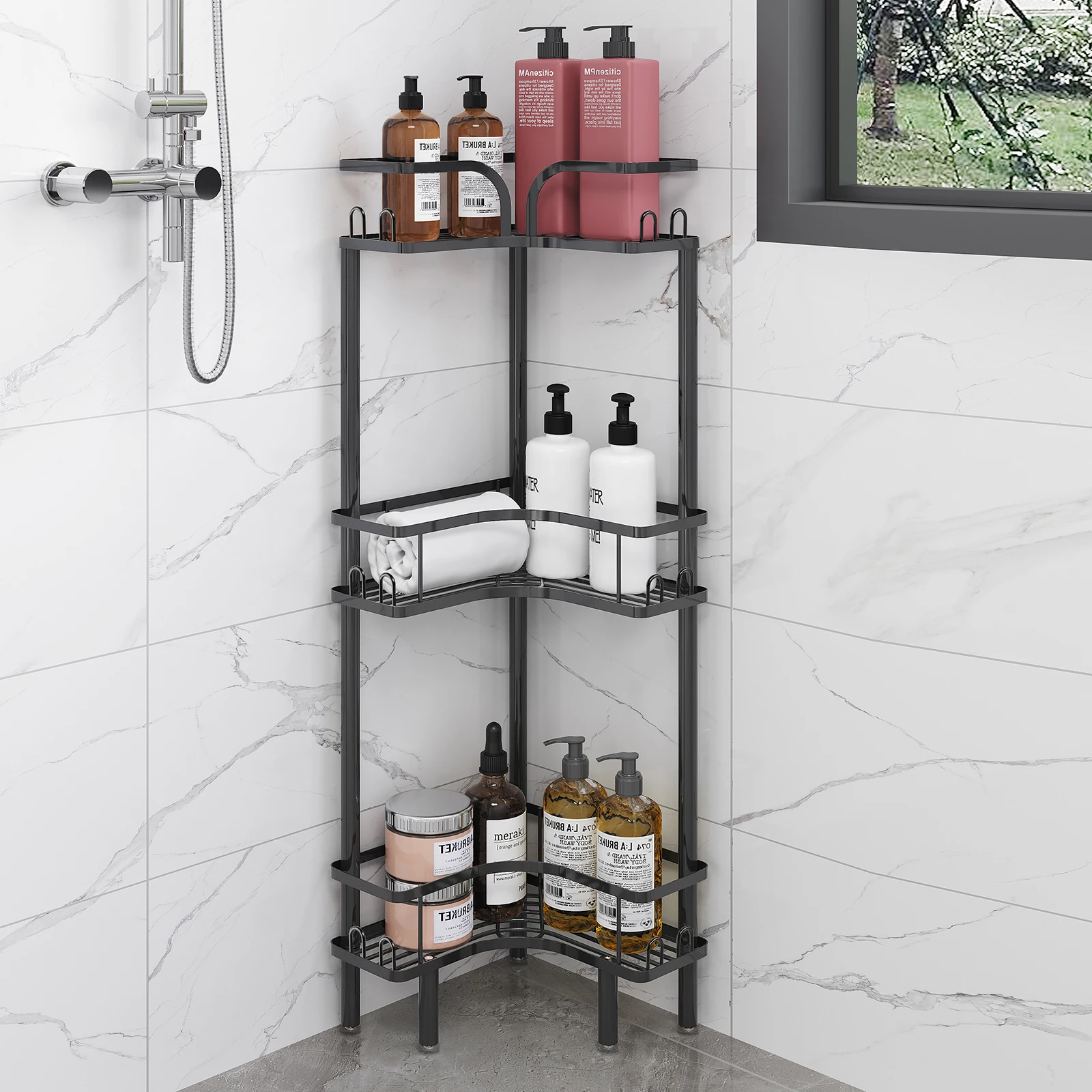 1 Stück Eck-Standregal für Badezimmer, mehrstöckiges Toilettenregal für Duschgel und Shampoo, dreieckiges Metallregal, Duschablage, Eckständer, Duschregal