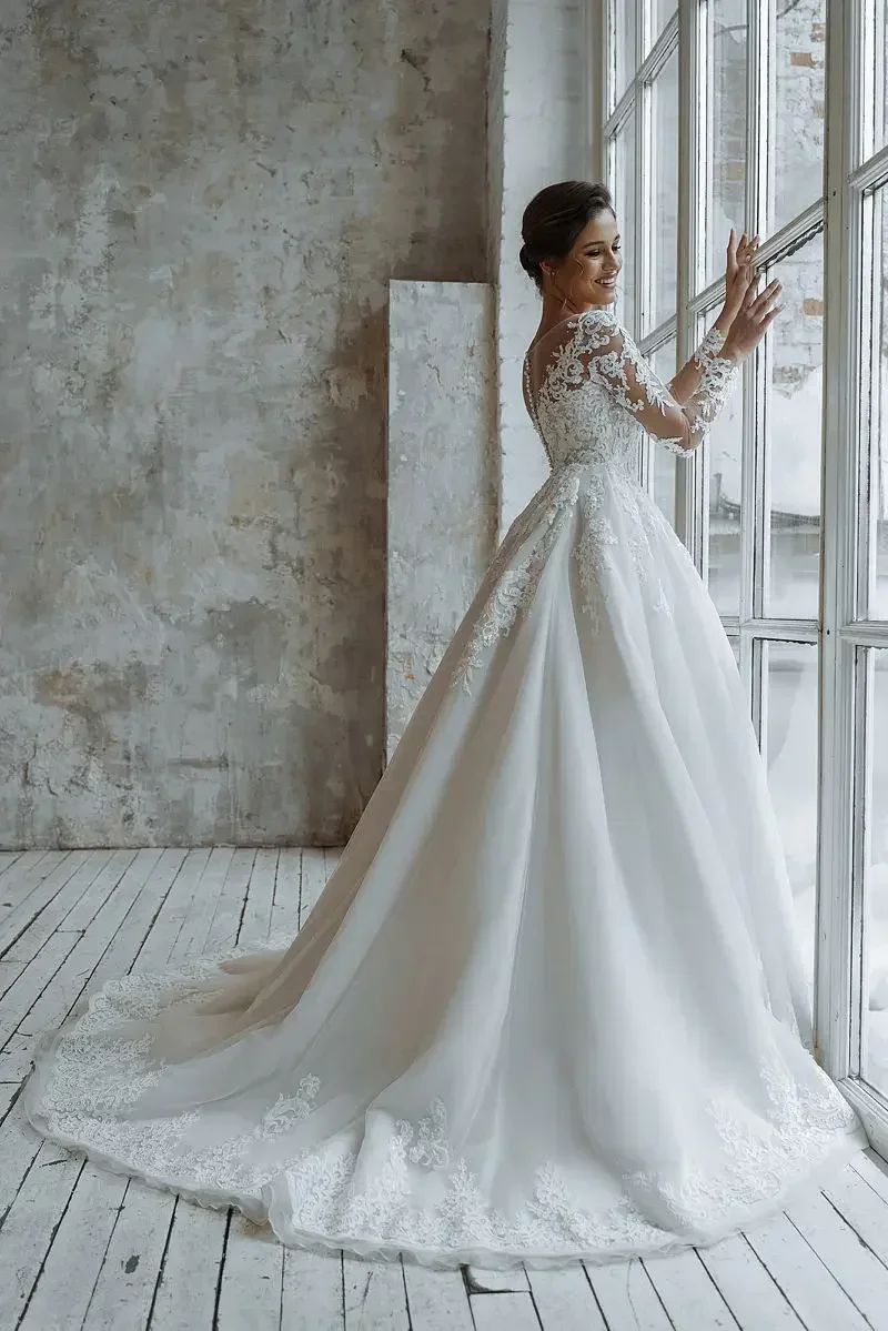 فساتين زفاف Flavinke مخصصة من vestidos de novia على شكل حرف a وأكمام طويلة مزينة بالدانتيل واللؤلؤ الأميرة للنساء فساتين العروس
