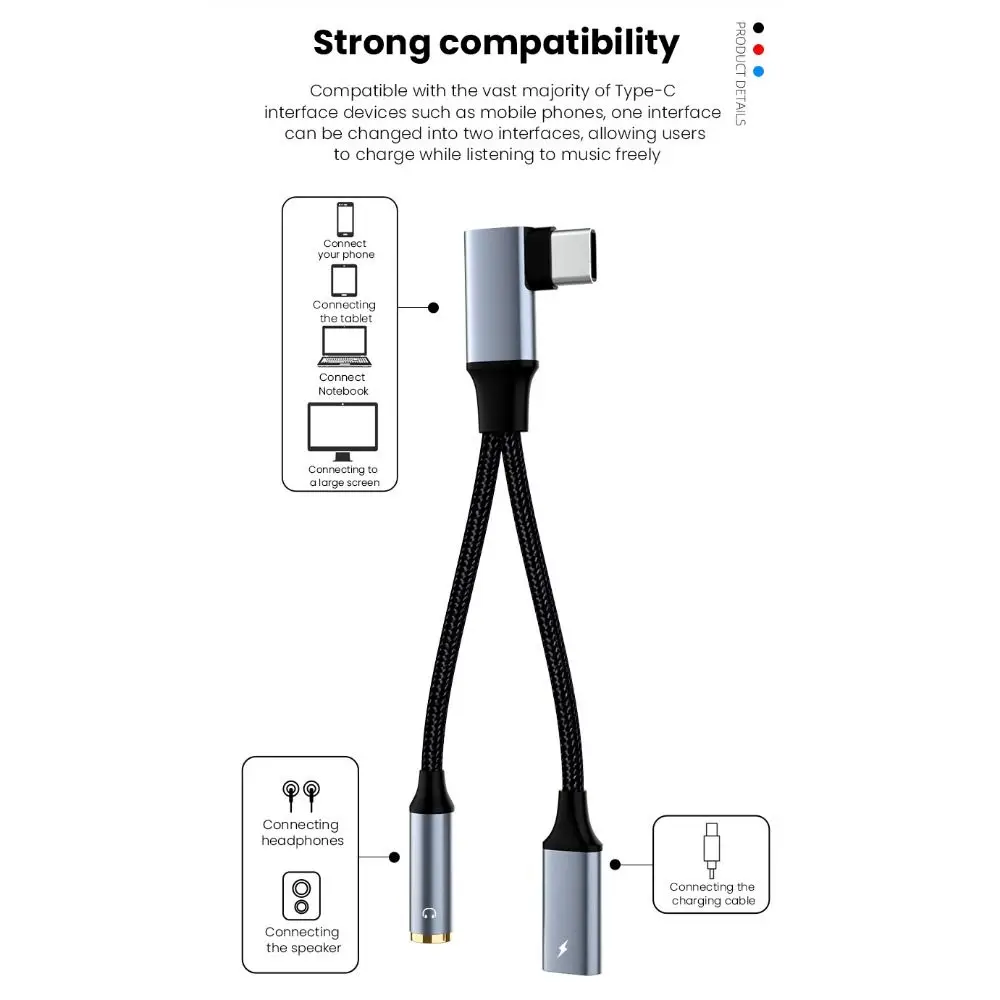 Professional Data Transfer USB Type C Audio Converter 2 in 1 Elbow Charging Cable Laptop DAC Decorder USB-C to 3.5mm Home Office