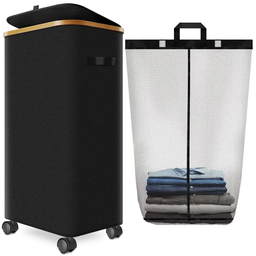 

Hamper with Wheels,29 Gal 110L Laundry Basket with lid Rolling Clothes Hamper Foldable Dirty Clothes Basket on wheels with Bambo