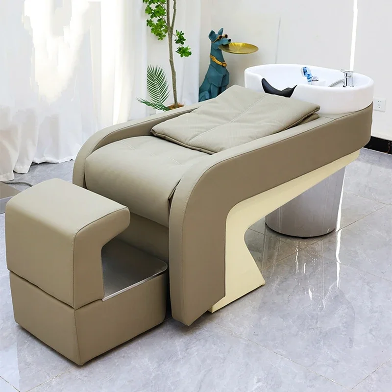 Comfortable Backwash Shampoo Station Chair Adjustable Ceramic Hair Wash Bowl Leather Standing Shampoo Chair